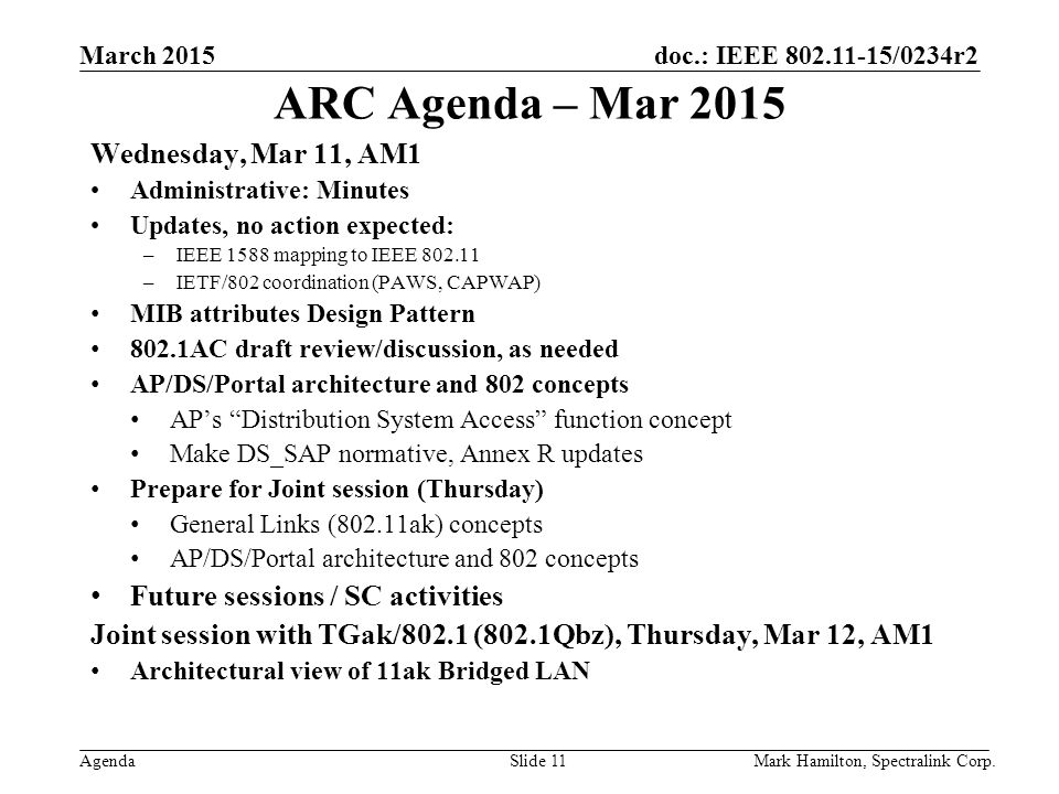 March 2015 Agenda doc.: IEEE /0234r2 Mark Hamilton, Spectralink Corp.Slide 11 ARC Agenda – Mar 2015 Wednesday, Mar 11, AM1 Administrative: Minutes Updates, no action expected: –IEEE 1588 mapping to IEEE –IETF/802 coordination (PAWS, CAPWAP) MIB attributes Design Pattern 802.1AC draft review/discussion, as needed AP/DS/Portal architecture and 802 concepts AP’s Distribution System Access function concept Make DS_SAP normative, Annex R updates Prepare for Joint session (Thursday) General Links (802.11ak) concepts AP/DS/Portal architecture and 802 concepts Future sessions / SC activities Joint session with TGak/802.1 (802.1Qbz), Thursday, Mar 12, AM1 Architectural view of 11ak Bridged LAN
