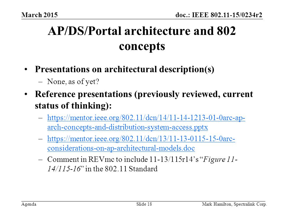 March 2015 Agenda doc.: IEEE /0234r2 Mark Hamilton, Spectralink Corp.Slide 18 AP/DS/Portal architecture and 802 concepts Presentations on architectural description(s) –None, as of yet.