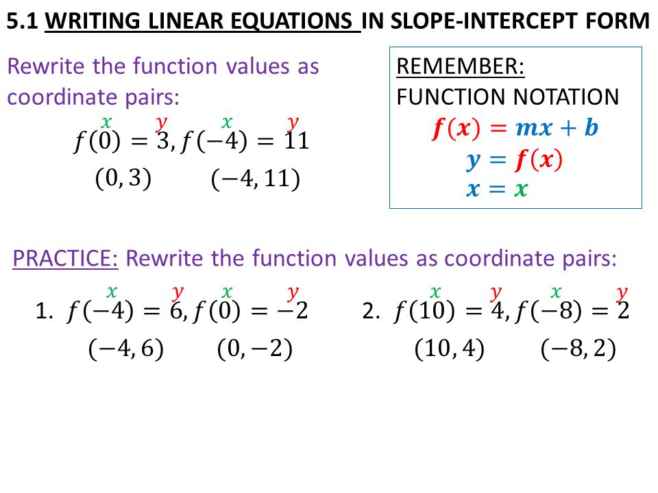 Rewrite the function values as coordinate pairs: 5.1 WRITING LINEAR EQUATIONS IN SLOPE-INTERCEPT FORM PRACTICE: Rewrite the function values as coordinate pairs: