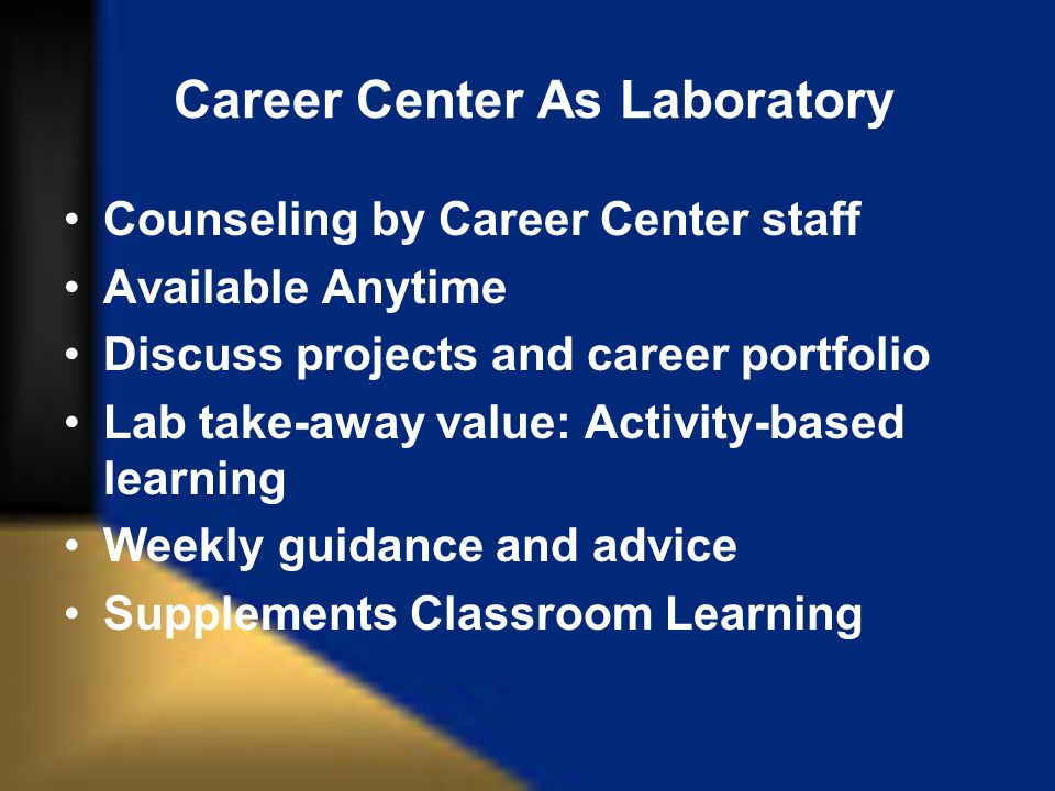 Career Center As Laboratory Counseling by Career Center staff Available Anytime Discuss projects and career portfolio Lab take-away value: Activity-based learning Weekly guidance and advice Supplements Classroom Learning