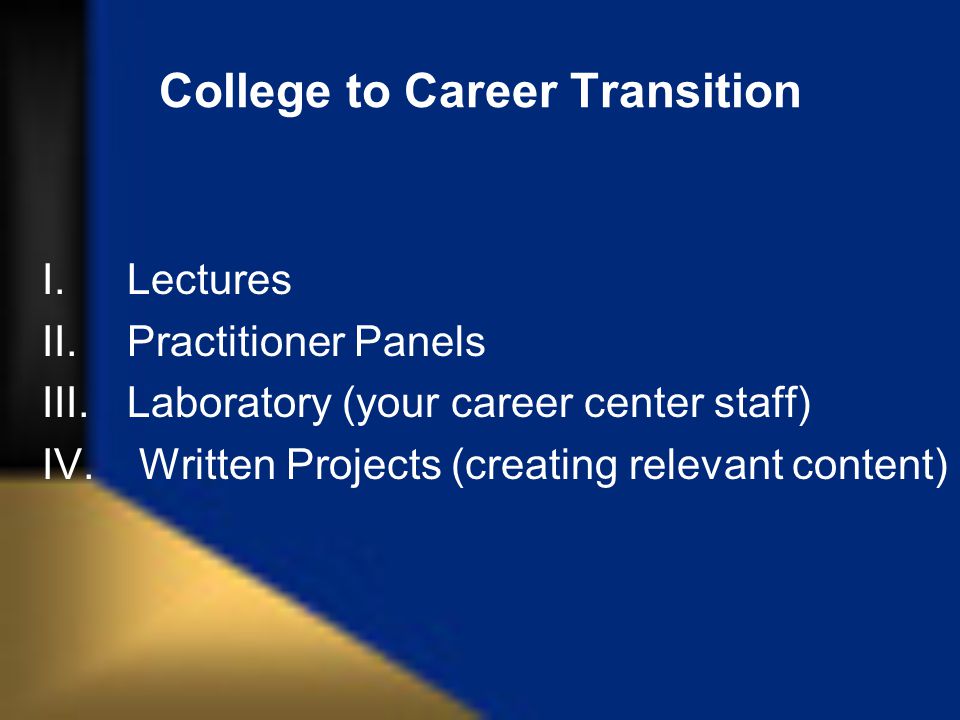 College to Career Transition I.Lectures II.Practitioner Panels III.Laboratory (your career center staff) IV.