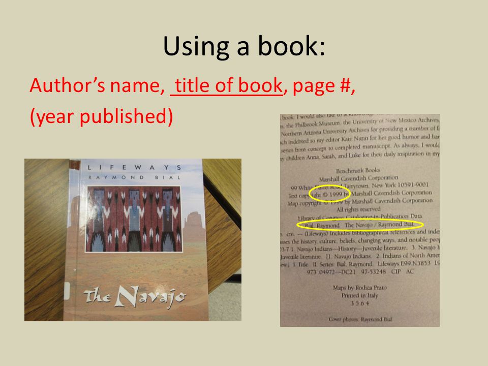Using a book: Author’s name, title of book, page #, (year published)