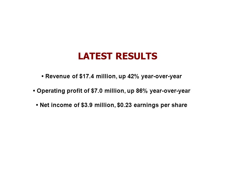 LATEST RESULTS Revenue of $17.4 million, up 42% year-over-year Operating profit of $7.0 million, up 86% year-over-year Net income of $3.9 million, $0.23 earnings per share