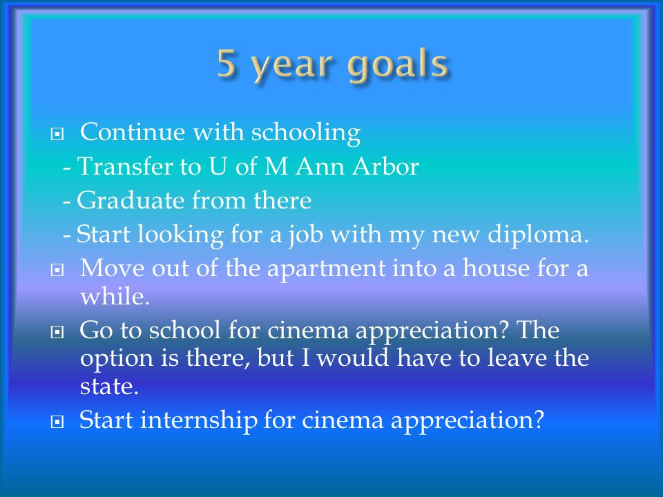  Continue with schooling - Transfer to U of M Ann Arbor - Graduate from there - Start looking for a job with my new diploma.