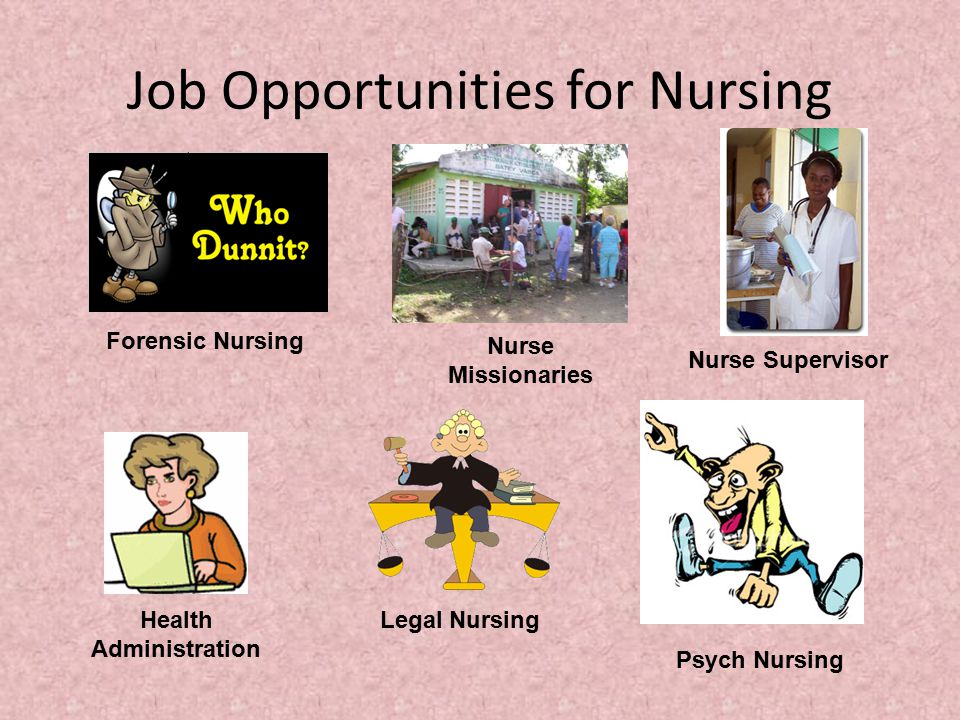 Job Opportunities for Nursing Health Administration Psych Nursing Forensic Nursing Nurse Supervisor Legal Nursing Nurse Missionaries