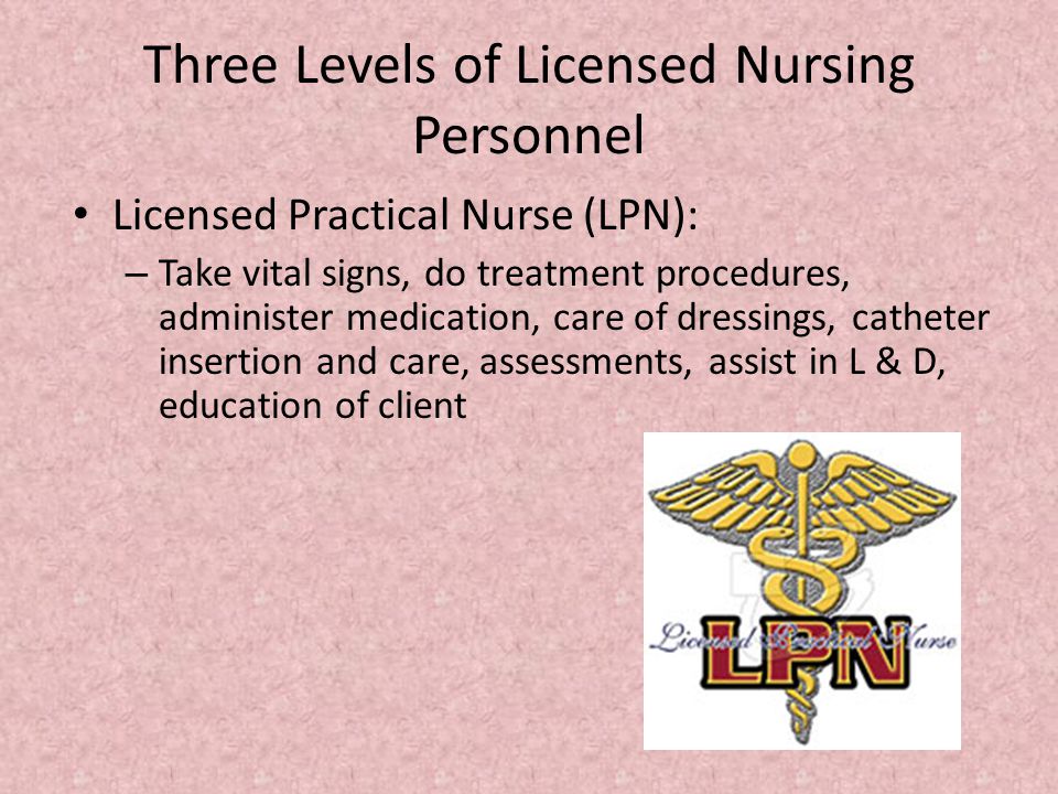 Three Levels of Licensed Nursing Personnel Licensed Practical Nurse (LPN): – Take vital signs, do treatment procedures, administer medication, care of dressings, catheter insertion and care, assessments, assist in L & D, education of client
