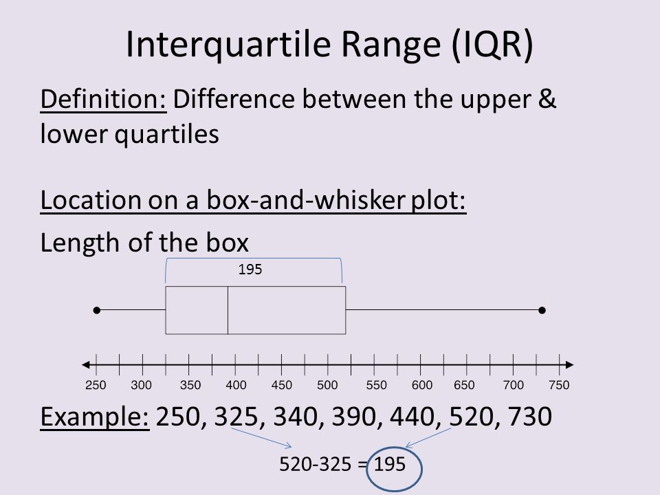 Interquartile Range (IQR) Definition: Difference between the upper & lower quartiles Location on a box-and-whisker plot: Length of the box Example: 250, 325, 340, 390, 440, 520, =