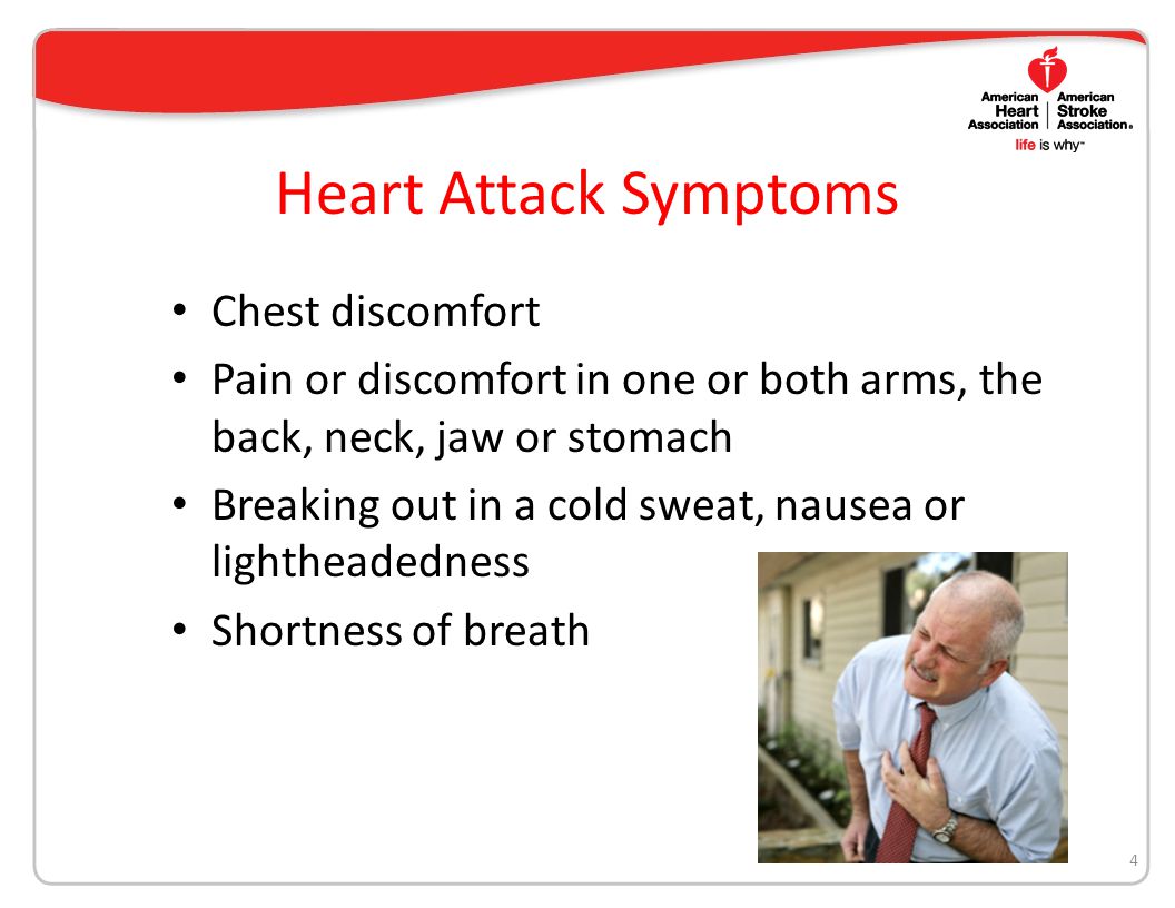 Heart Attack Symptoms Chest discomfort Pain or discomfort in one or both arms, the back, neck, jaw or stomach Breaking out in a cold sweat, nausea or lightheadedness Shortness of breath 4