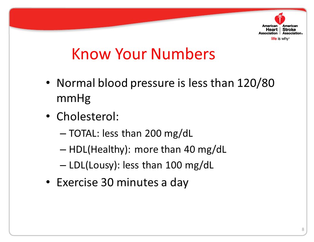 Know Your Numbers Normal blood pressure is less than 120/80 mmHg Cholesterol: – TOTAL: less than 200 mg/dL – HDL(Healthy): more than 40 mg/dL – LDL(Lousy): less than 100 mg/dL Exercise 30 minutes a day 8
