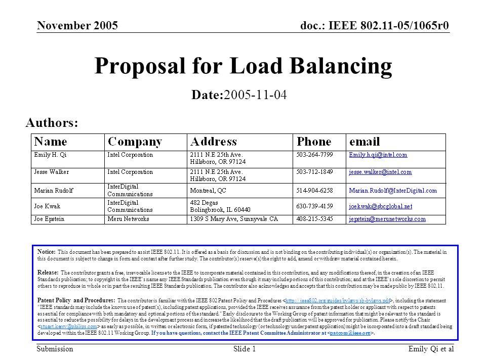 doc.: IEEE /1065r0 Submission November 2005 Emily Qi et alSlide 1 Proposal for Load Balancing Notice: This document has been prepared to assist IEEE
