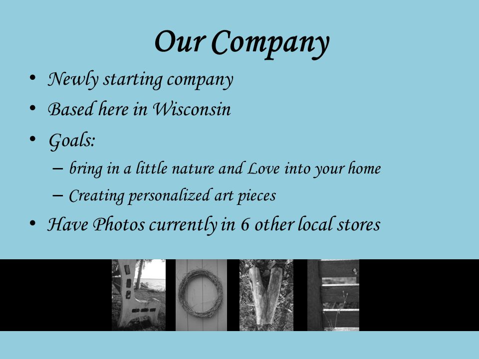 Our Company Newly starting company Based here in Wisconsin Goals: – bring in a little nature and Love into your home – Creating personalized art pieces Have Photos currently in 6 other local stores