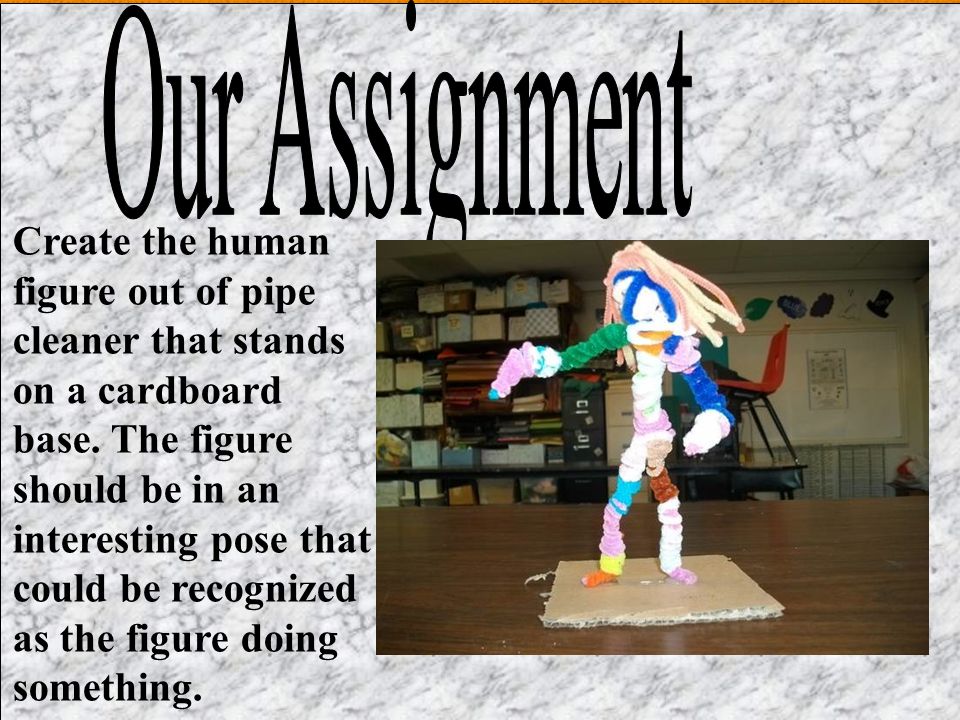 Create the human figure out of pipe cleaner that stands on a cardboard base.