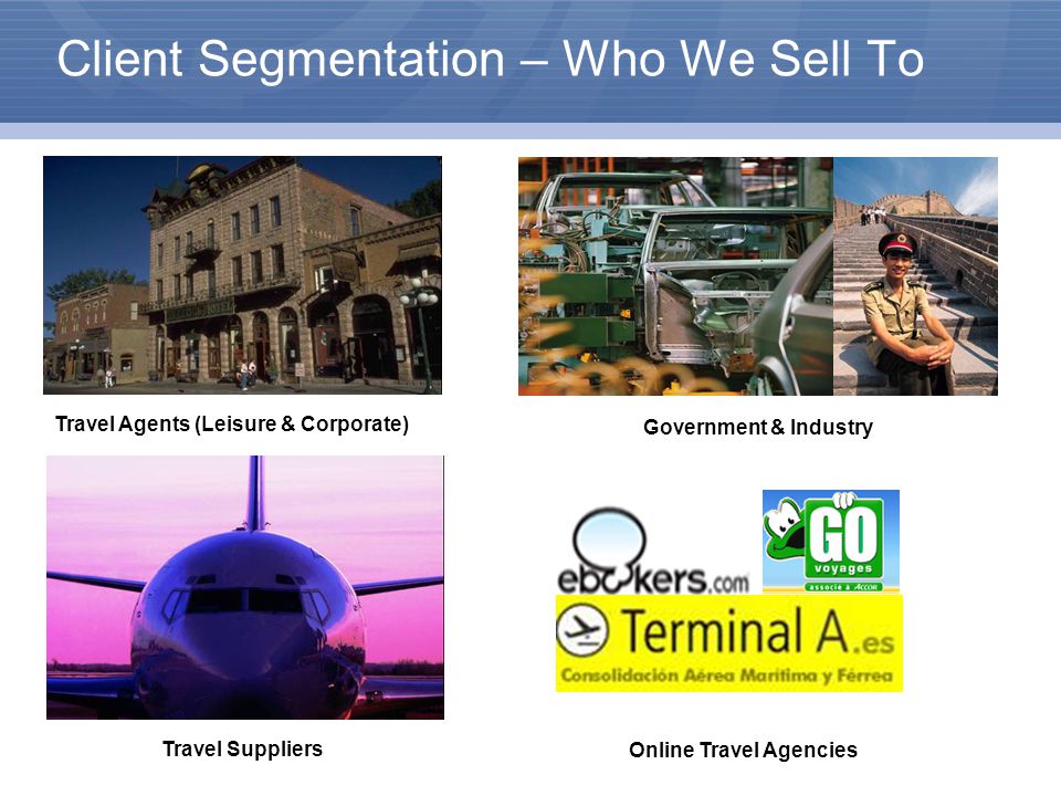 Client Segmentation – Who We Sell To Online Travel Agencies Travel Suppliers Travel Agents (Leisure & Corporate) Government & Industry