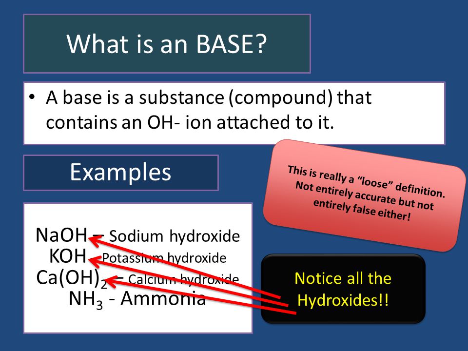 What is an BASE. A base is a substance (compound) that contains an OH- ion attached to it.
