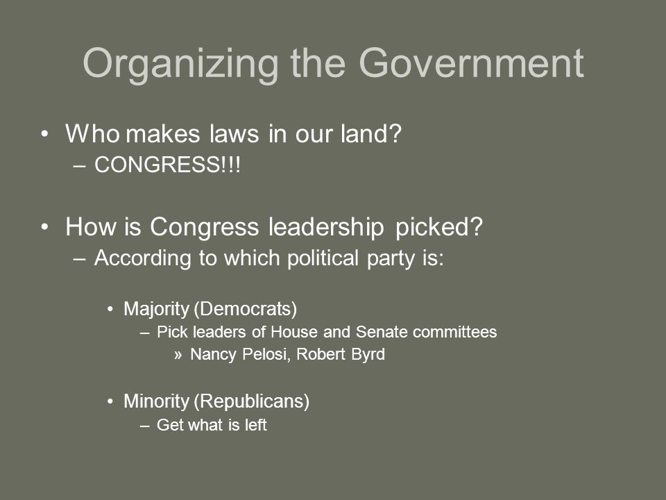 Organizing the Government Who makes laws in our land.