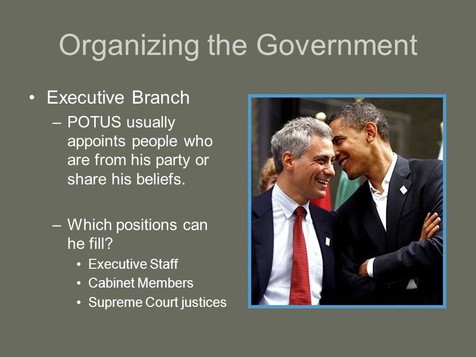 Organizing the Government Executive Branch –POTUS usually appoints people who are from his party or share his beliefs.