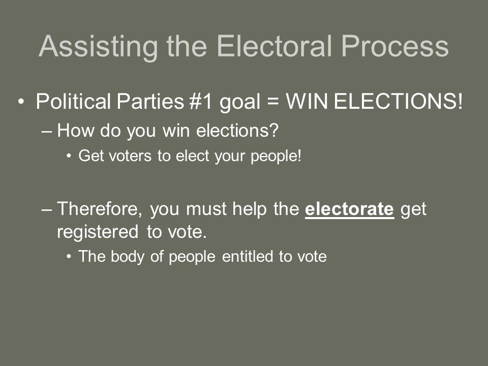 Assisting the Electoral Process Political Parties #1 goal = WIN ELECTIONS.