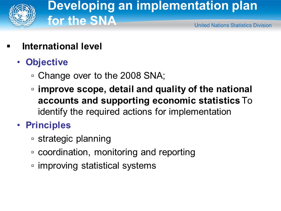  International level Objective ▫Change over to the 2008 SNA; ▫improve scope, detail and quality of the national accounts and supporting economic statistics To identify the required actions for implementation Principles ▫strategic planning ▫coordination, monitoring and reporting ▫improving statistical systems Developing an implementation plan for the SNA
