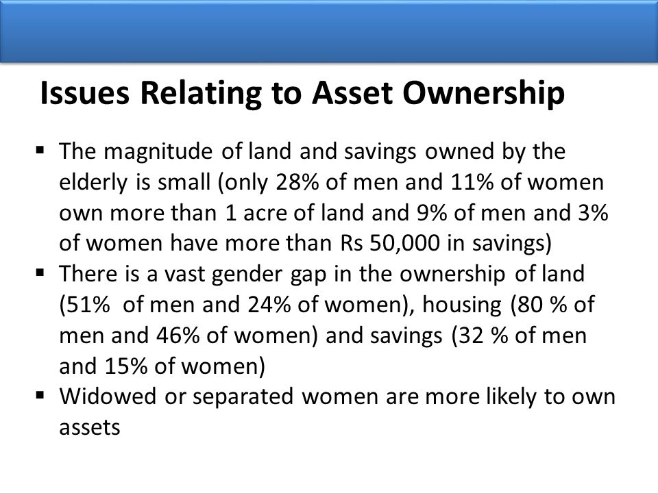 Issues Relating to Asset Ownership  The magnitude of land and savings owned by the elderly is small (only 28% of men and 11% of women own more than 1 acre of land and 9% of men and 3% of women have more than Rs 50,000 in savings)  There is a vast gender gap in the ownership of land (51% of men and 24% of women), housing (80 % of men and 46% of women) and savings (32 % of men and 15% of women)  Widowed or separated women are more likely to own assets