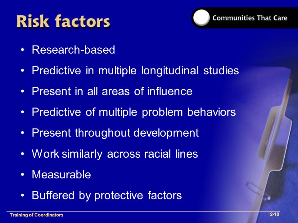 1-2 Training of Process Facilitators Research-based Predictive in multiple longitudinal studies Present in all areas of influence Predictive of multiple problem behaviors Present throughout development Work similarly across racial lines Measurable Buffered by protective factors Training of Coordinators 2-18