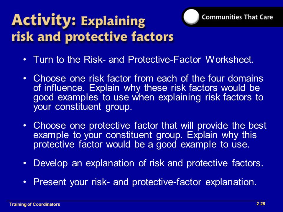 1-2 Training of Process Facilitators Turn to the Risk- and Protective-Factor Worksheet.