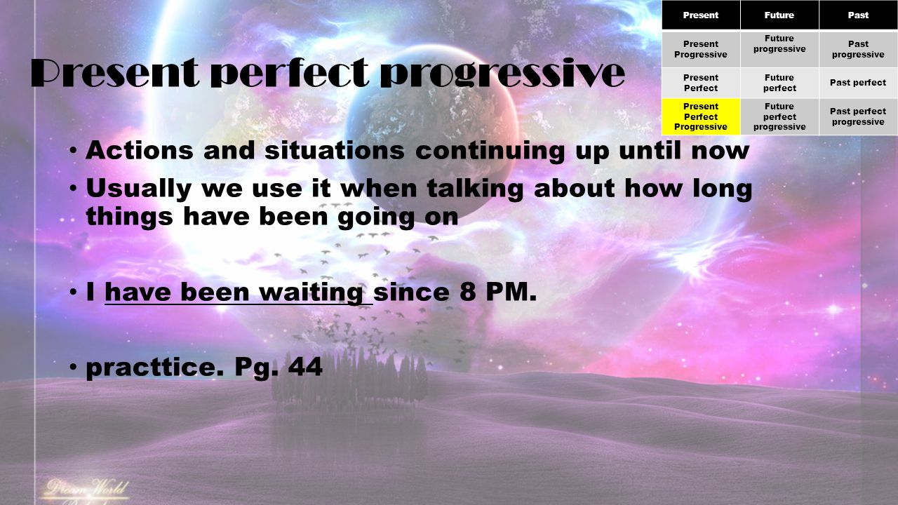 Present perfect progressive Actions and situations continuing up until now Usually we use it when talking about how long things have been going on I have been waiting since 8 PM.