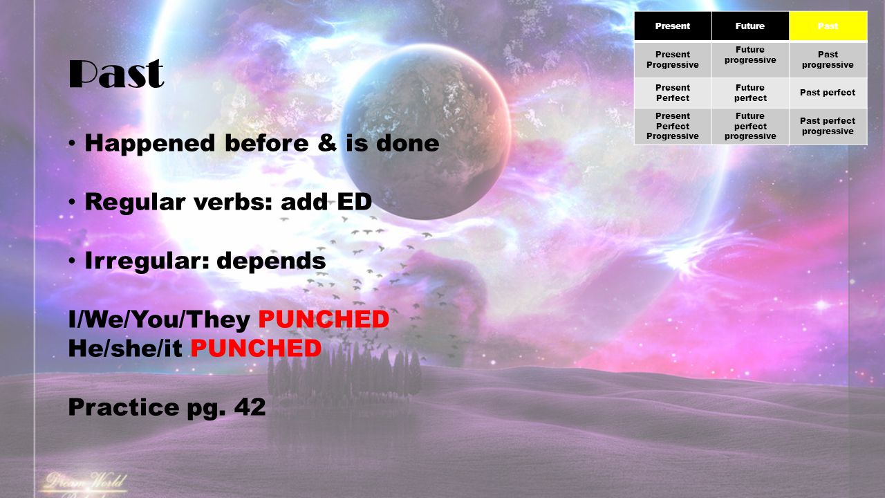 Past Happened before & is done Regular verbs: add ED Irregular: depends I/We/You/They PUNCHED He/she/it PUNCHED Practice pg.
