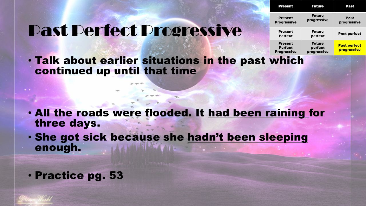 Past Perfect Progressive Talk about earlier situations in the past which continued up until that time All the roads were flooded.