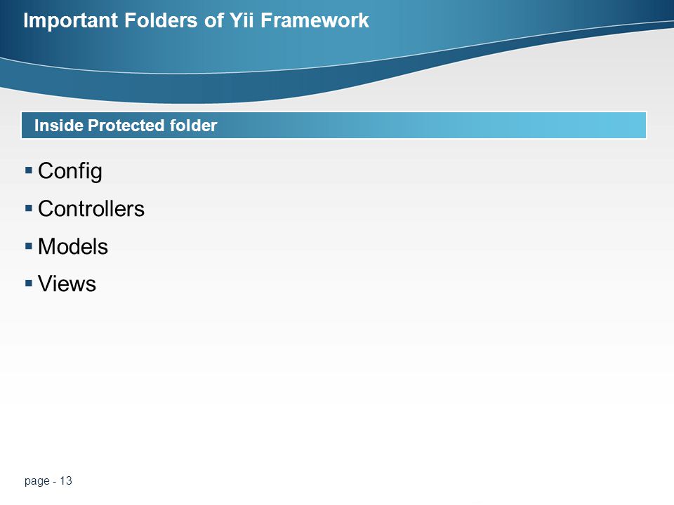 page - 13 Important Folders of Yii Framework  Config  Controllers  Models  Views Inside Protected folder