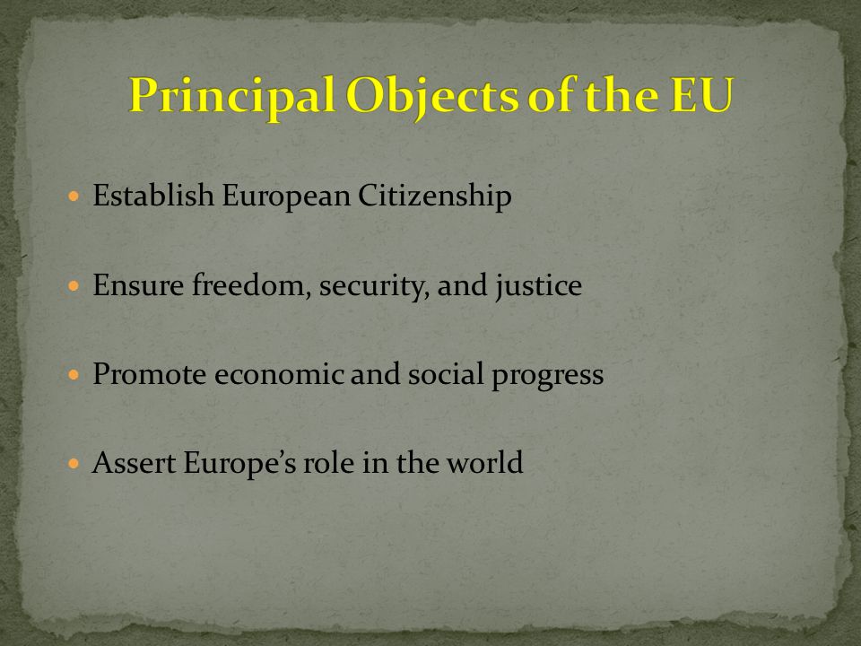 Establish European Citizenship Ensure freedom, security, and justice Promote economic and social progress Assert Europe’s role in the world