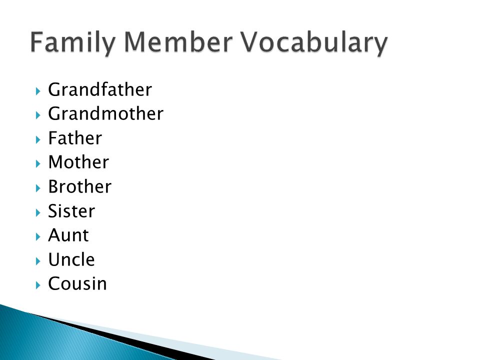  Grandfather  Grandmother  Father  Mother  Brother  Sister  Aunt  Uncle  Cousin