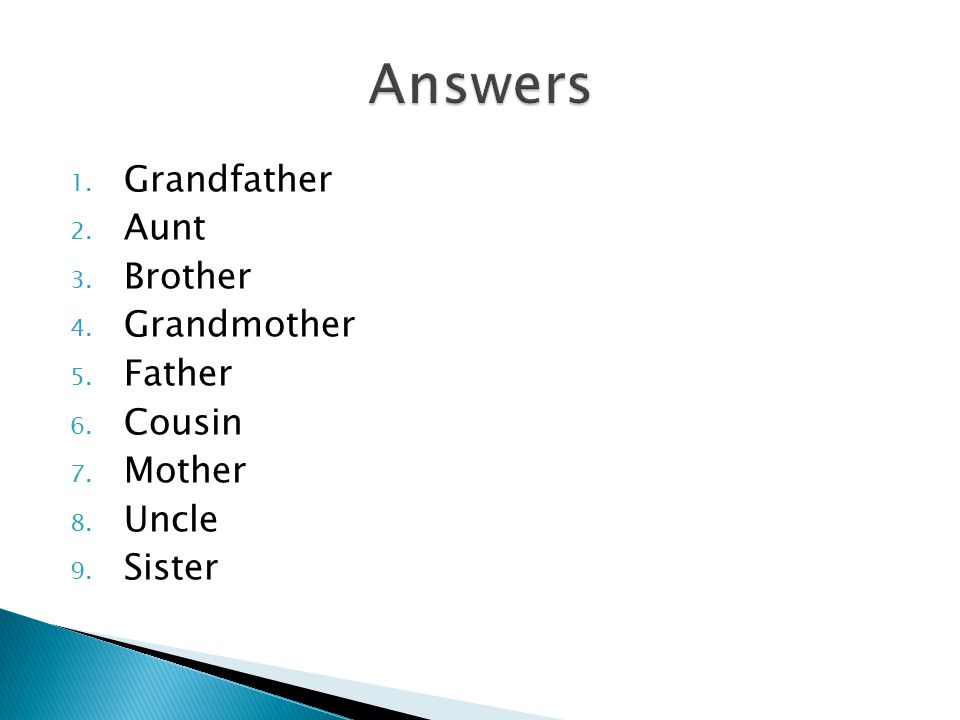 1. Grandfather 2. Aunt 3. Brother 4. Grandmother 5. Father 6. Cousin 7. Mother 8. Uncle 9. Sister