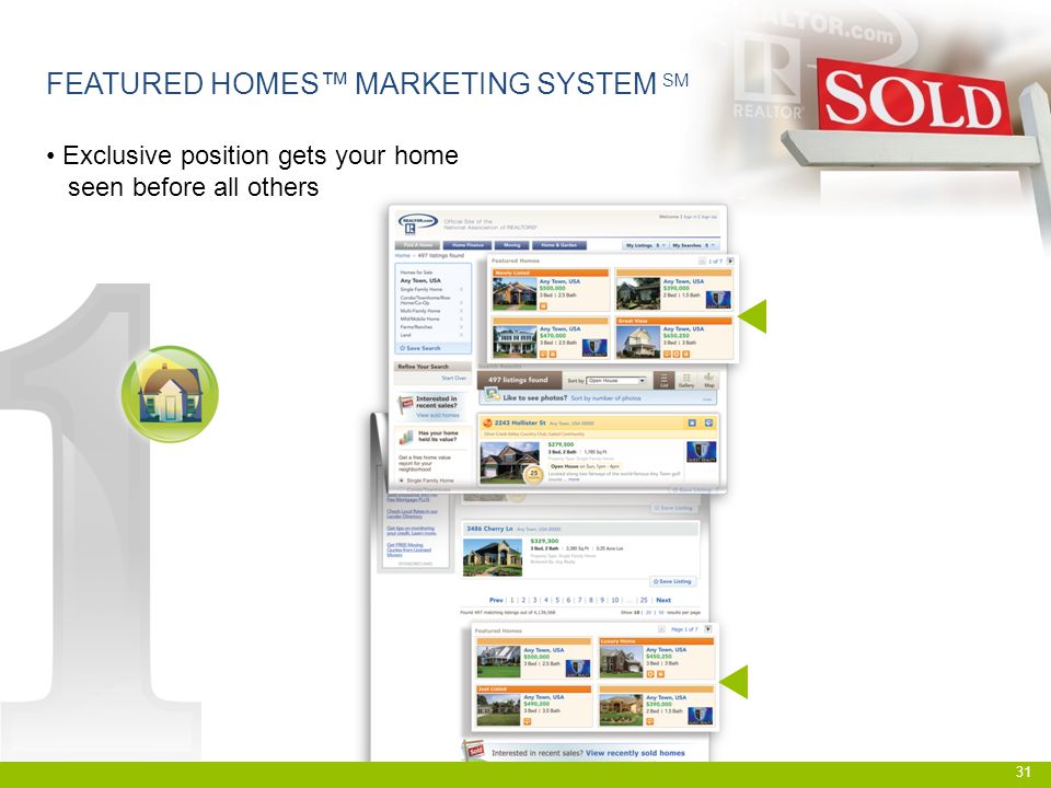 31 FEATURED HOMES™ MARKETING SYSTEM SM Exclusive position gets your home seen before all others