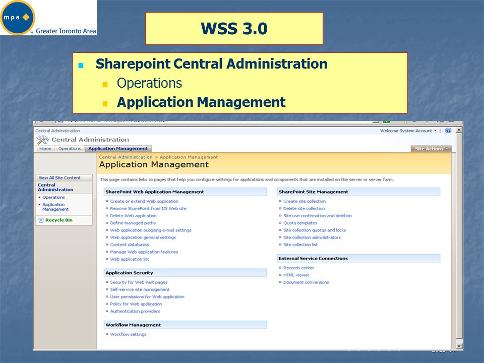 Slide 14 WSS 3.0 Sharepoint Central Administration Operations Application Management
