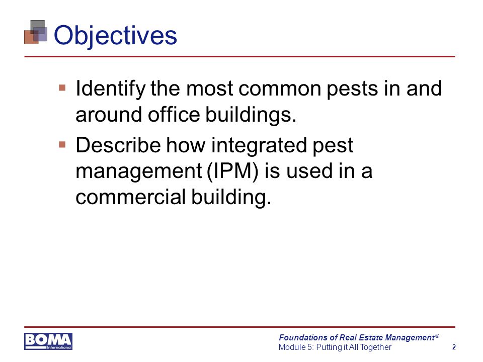 Foundations of Real Estate Management Module 5: Putting it All Together 2 ® Objectives  Identify the most common pests in and around office buildings.