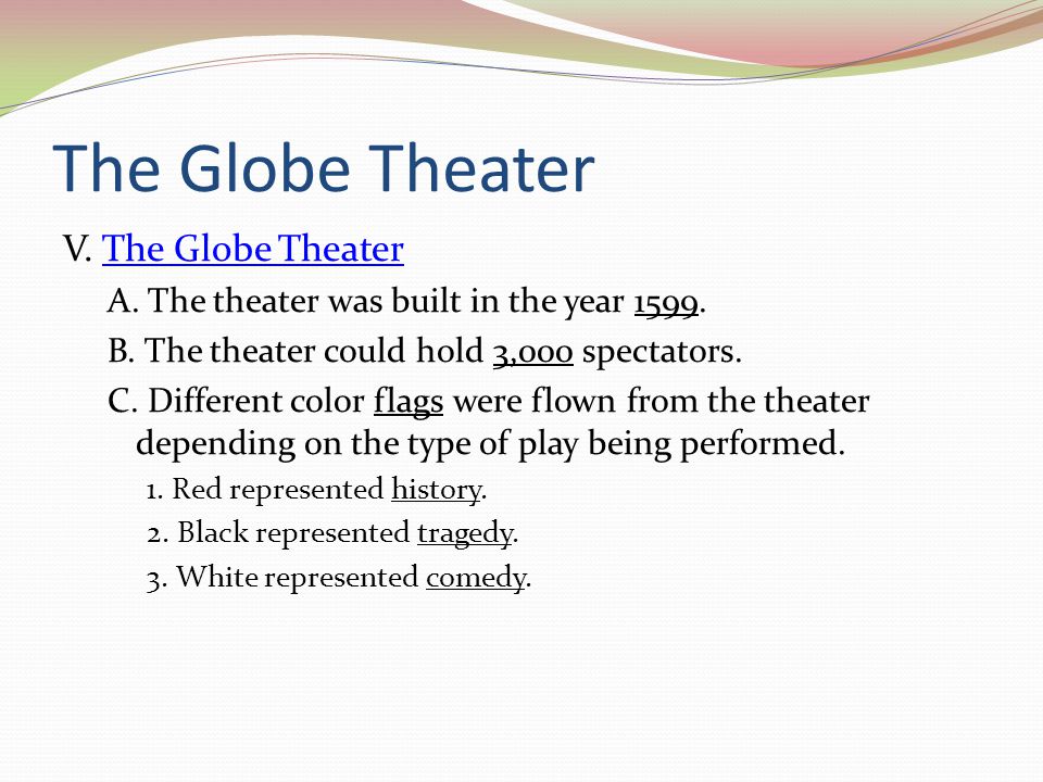 The Globe Theater V. The Globe TheaterThe Globe Theater A.
