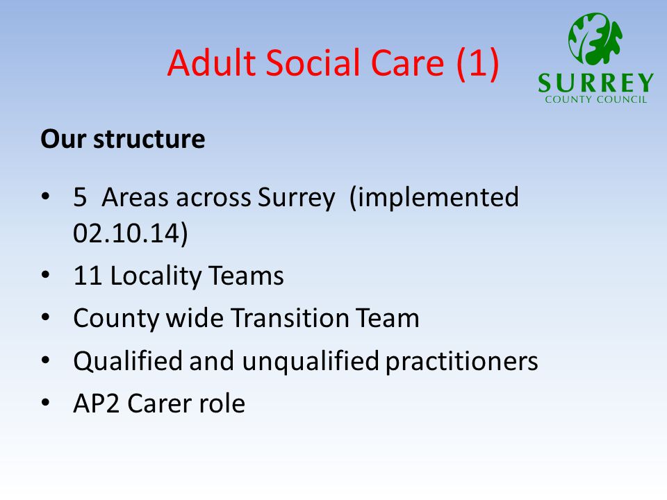 Adult Social Care (1) Our structure 5 Areas across Surrey (implemented ) 11 Locality Teams County wide Transition Team Qualified and unqualified practitioners AP2 Carer role
