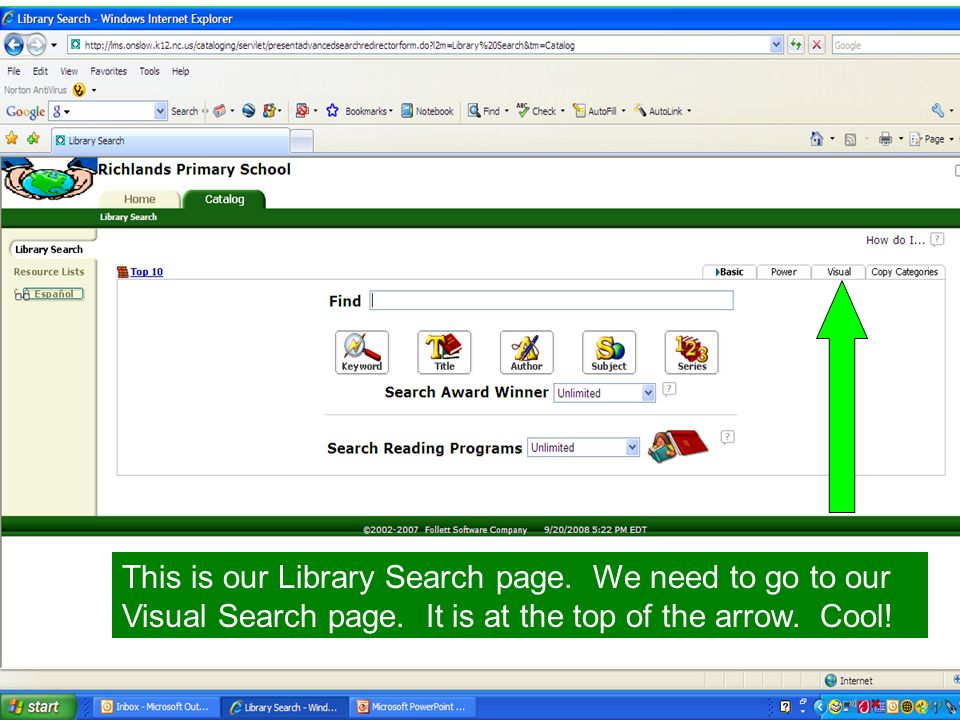 This is our Library Search page. We need to go to our Visual Search page.