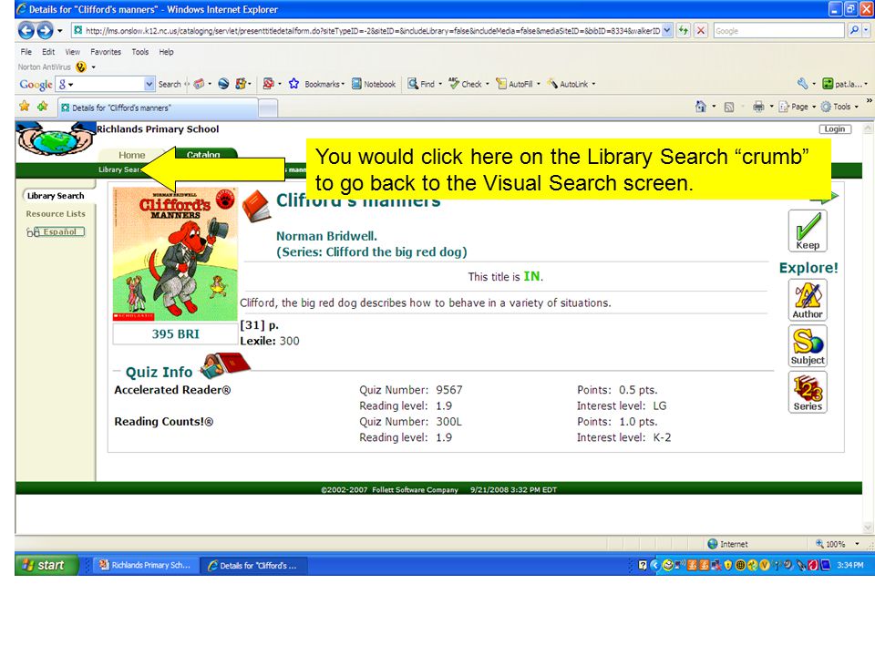 You would click here on the Library Search crumb to go back to the Visual Search screen.