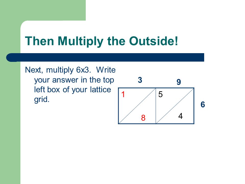 Then Multiply the Outside. First multiply 6x9 and write your answer in the lattice as shown.