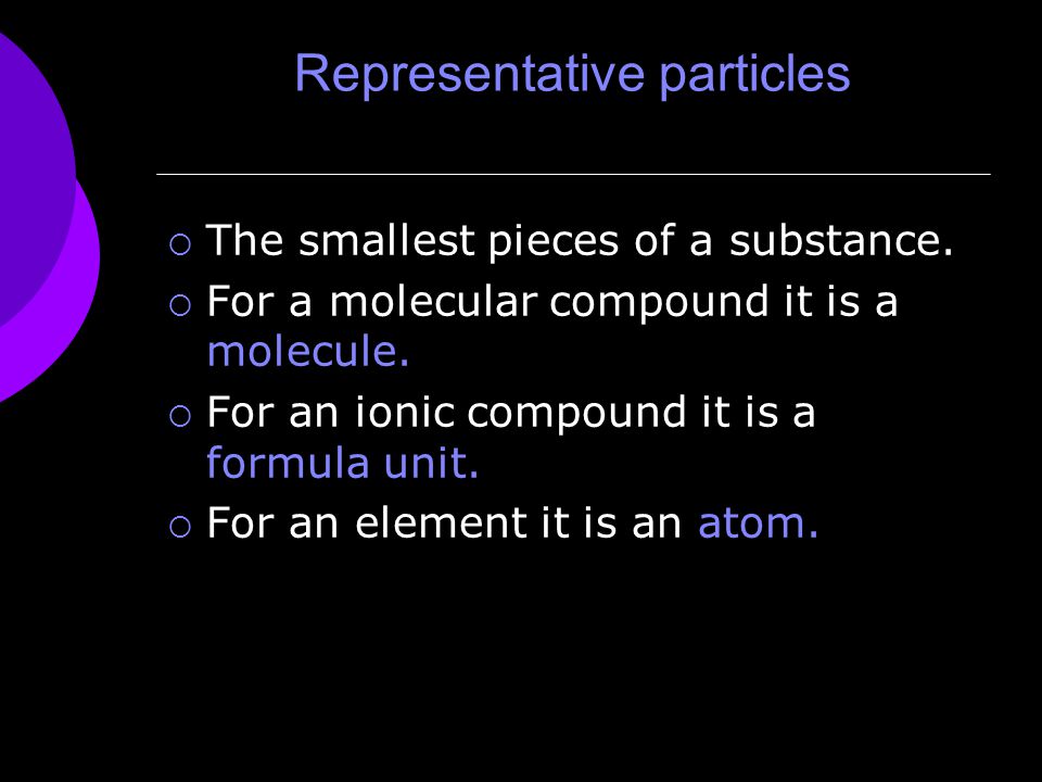 Representative particles  The smallest pieces of a substance.