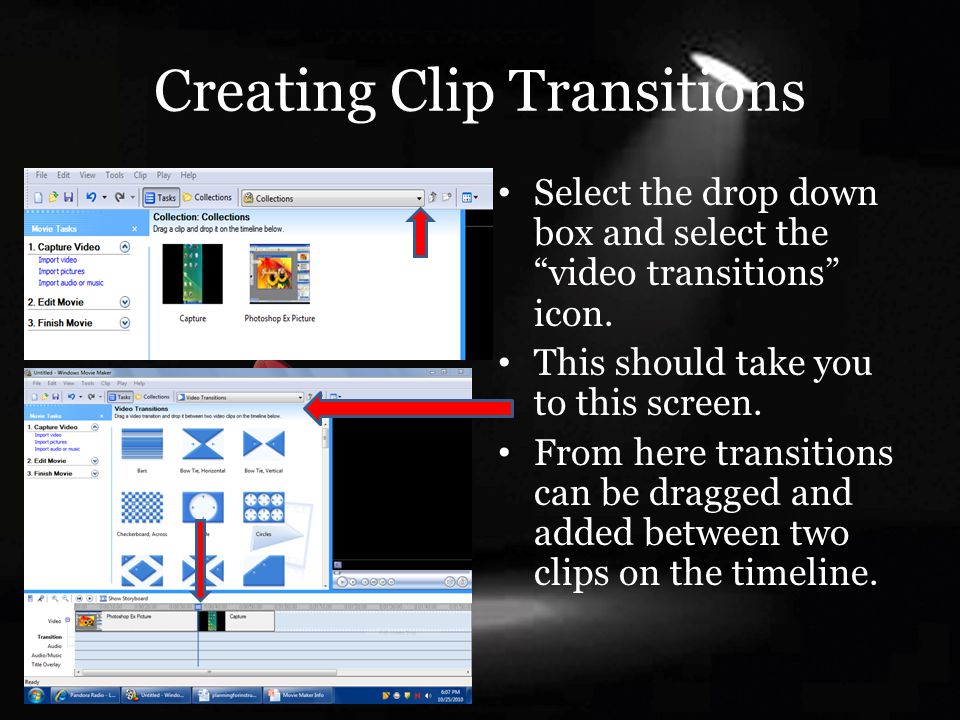 Creating Clip Transitions Select the drop down box and select the video transitions icon.