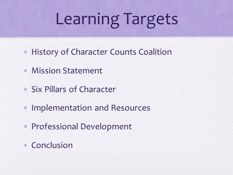 Learning Targets History of Character Counts Coalition Mission Statement Six Pillars of Character Implementation and Resources Professional Development Conclusion