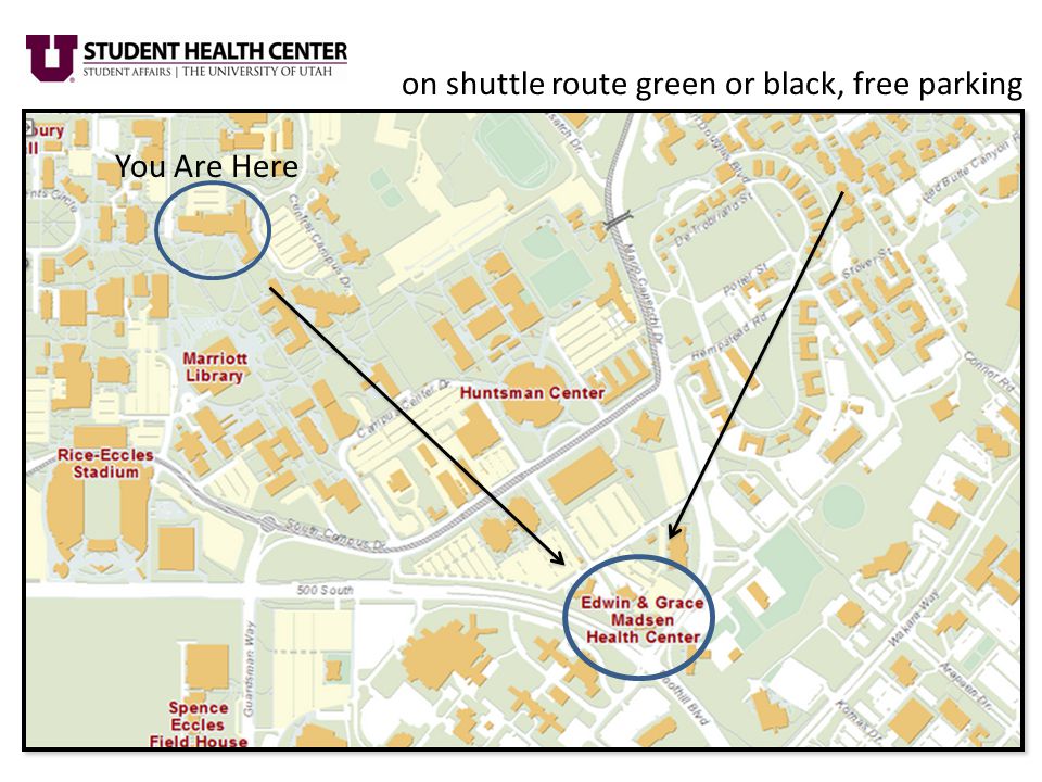 on shuttle route green or black, free parking You Are Here