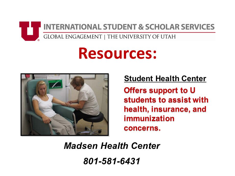 Madsen Health Center Offers support to U students to assist with health, insurance, and immunization concerns.