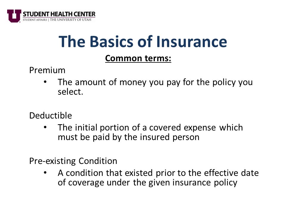 The Basics of Insurance Common terms: Premium The amount of money you pay for the policy you select.
