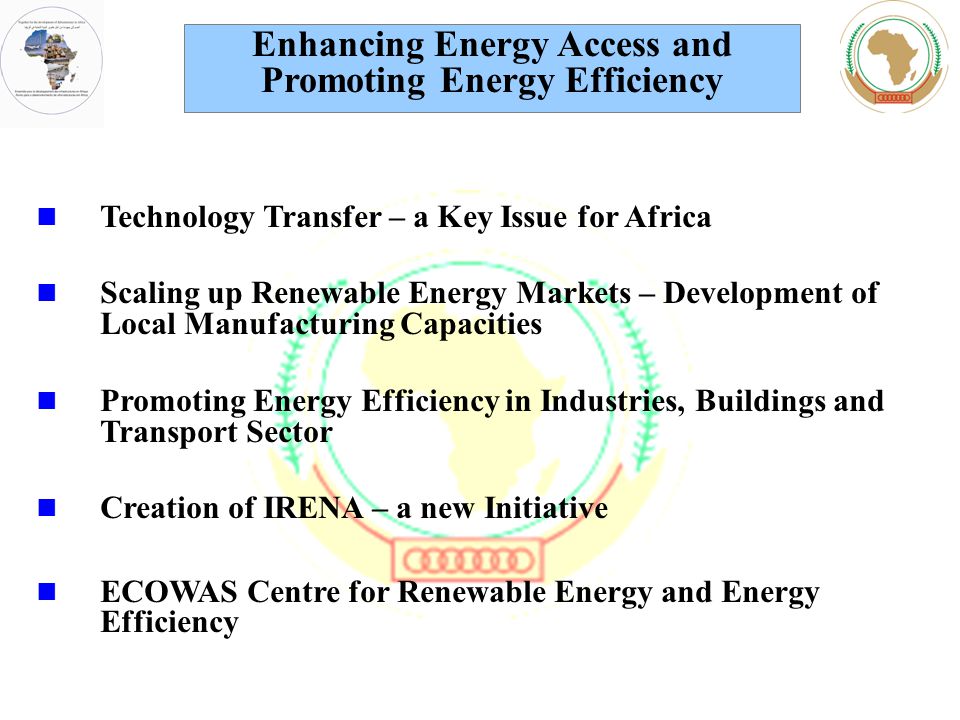 Technology Transfer – a Key Issue for Africa Scaling up Renewable Energy Markets – Development of Local Manufacturing Capacities Promoting Energy Efficiency in Industries, Buildings and Transport Sector Creation of IRENA – a new Initiative ECOWAS Centre for Renewable Energy and Energy Efficiency Enhancing Energy Access and Promoting Energy Efficiency