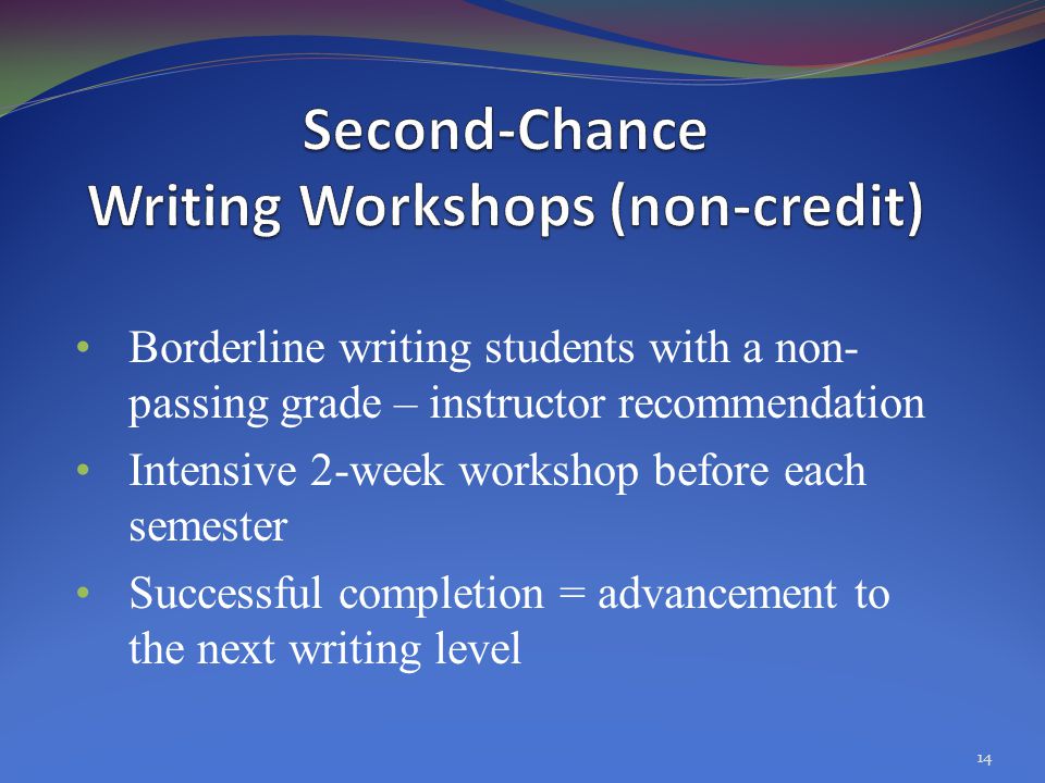 Borderline writing students with a non- passing grade – instructor recommendation Intensive 2-week workshop before each semester Successful completion = advancement to the next writing level 14