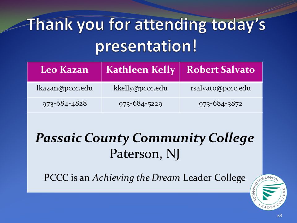 28 Leo KazanKathleen KellyRobert Salvato Passaic County Community College Paterson, NJ PCCC is an Achieving the Dream Leader College