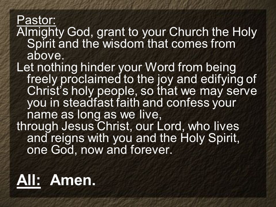 Pastor: Almighty God, grant to your Church the Holy Spirit and the wisdom that comes from above.